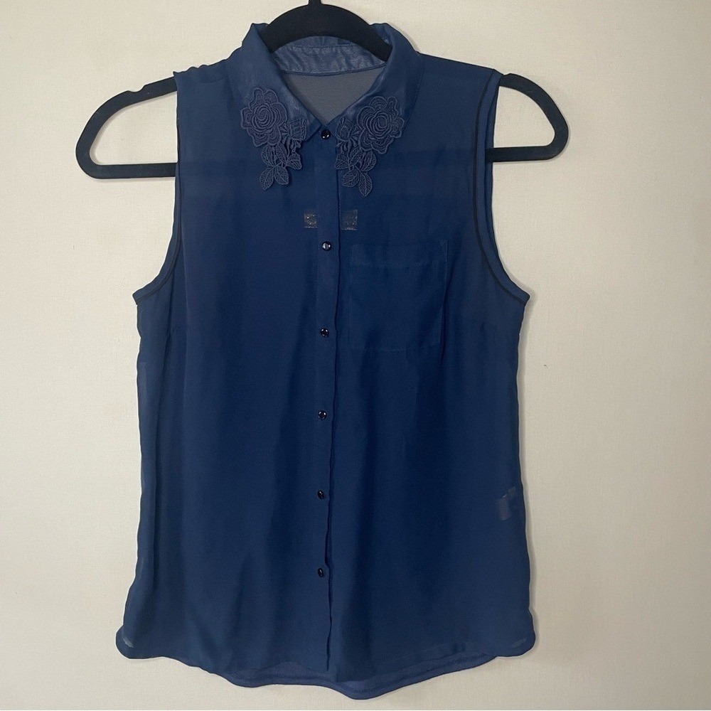 Princess Vera‎ Wang Sheer Navy Sleeveless Blouse Floral Embroidered Size Small